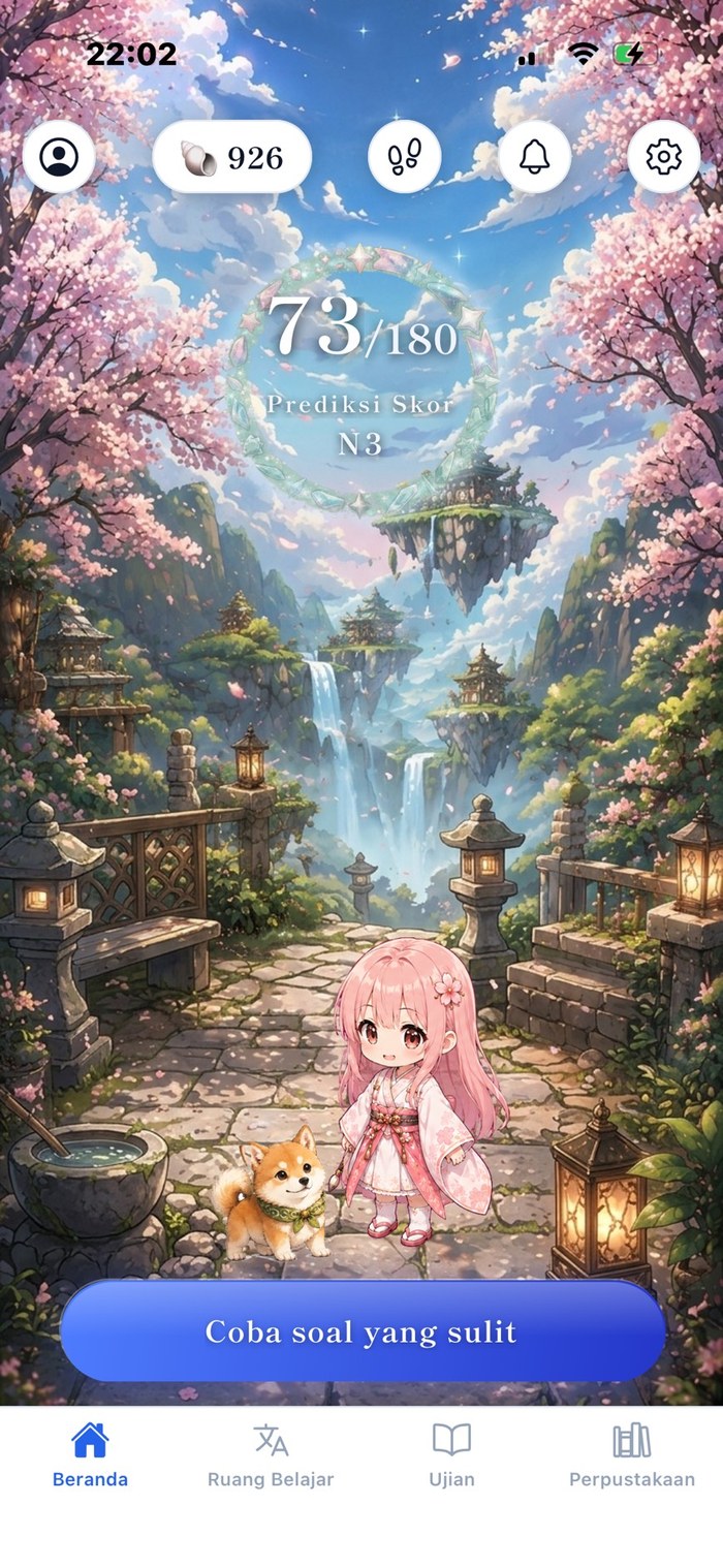 Layar Beranda — cincin kelulusan menampilkan skor prediksi Anda (dari 180), dengan maskot Sakura