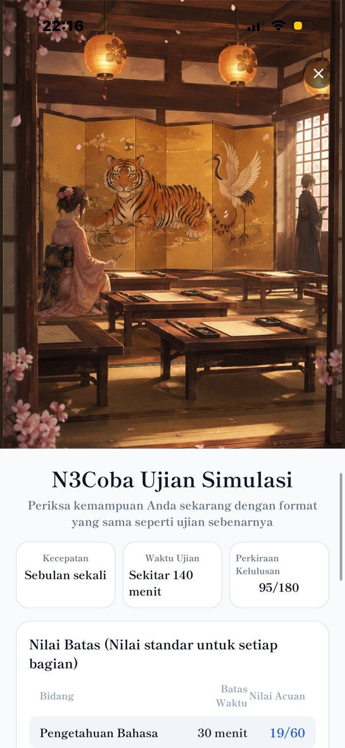 Tes simulasi — format ujian sesungguhnya, waktu, garis kelulusan, dan ambang batas per bagian