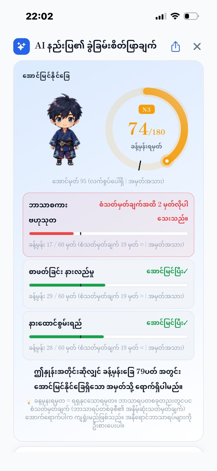 AI Coach ခွဲခြမ်းစိတ်ဖြာမှု ─ ခန့်မှန်းရမှတ်၊ အပိုင်းအလိုက် အောင်/ရှုံးအခြေအနေ